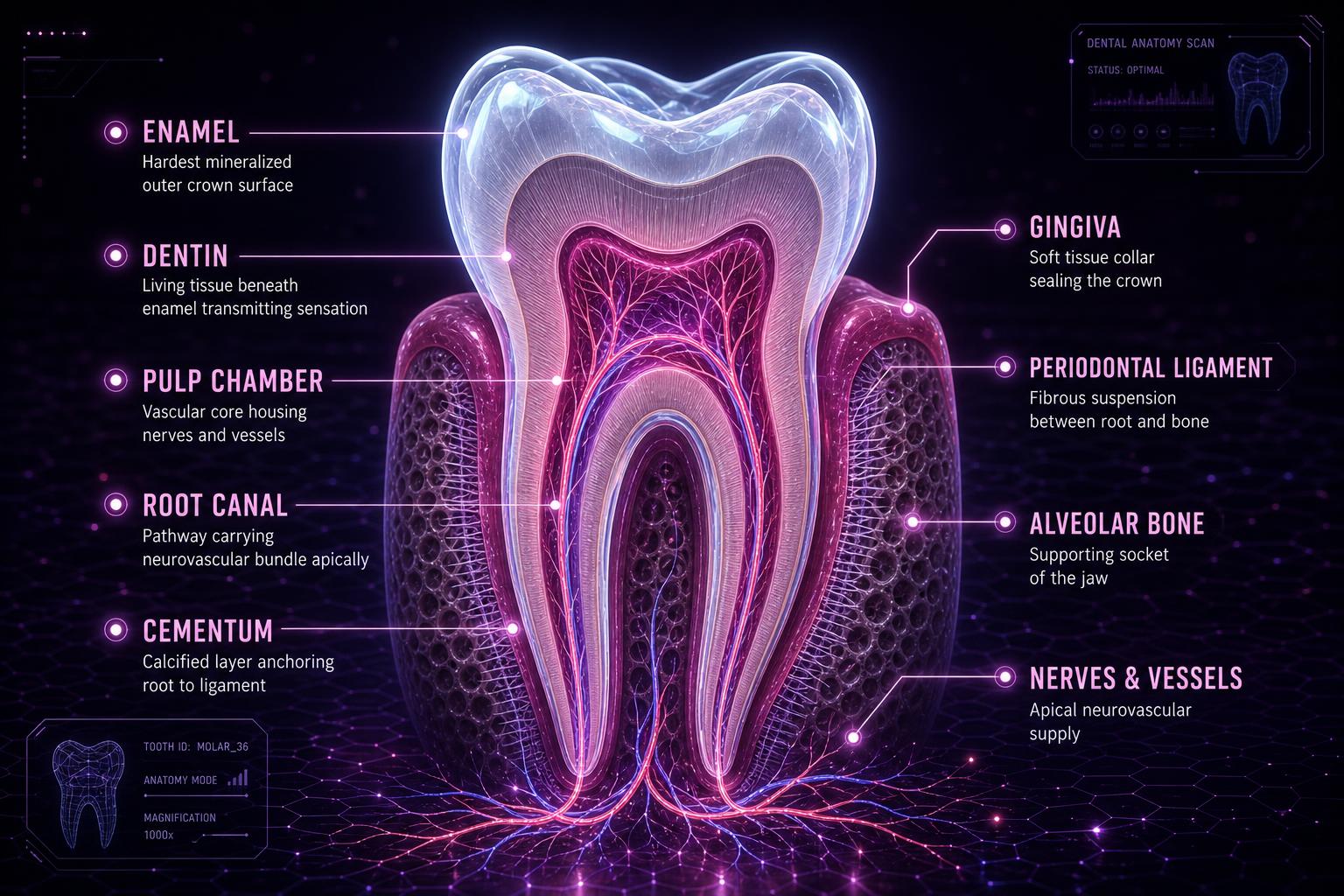 Holographic cross-section of a tooth annotated with enamel, dentin, pulp chamber, root canal, cementum, gingiva, periodontal ligament, alveolar bone, and neurovascular supply