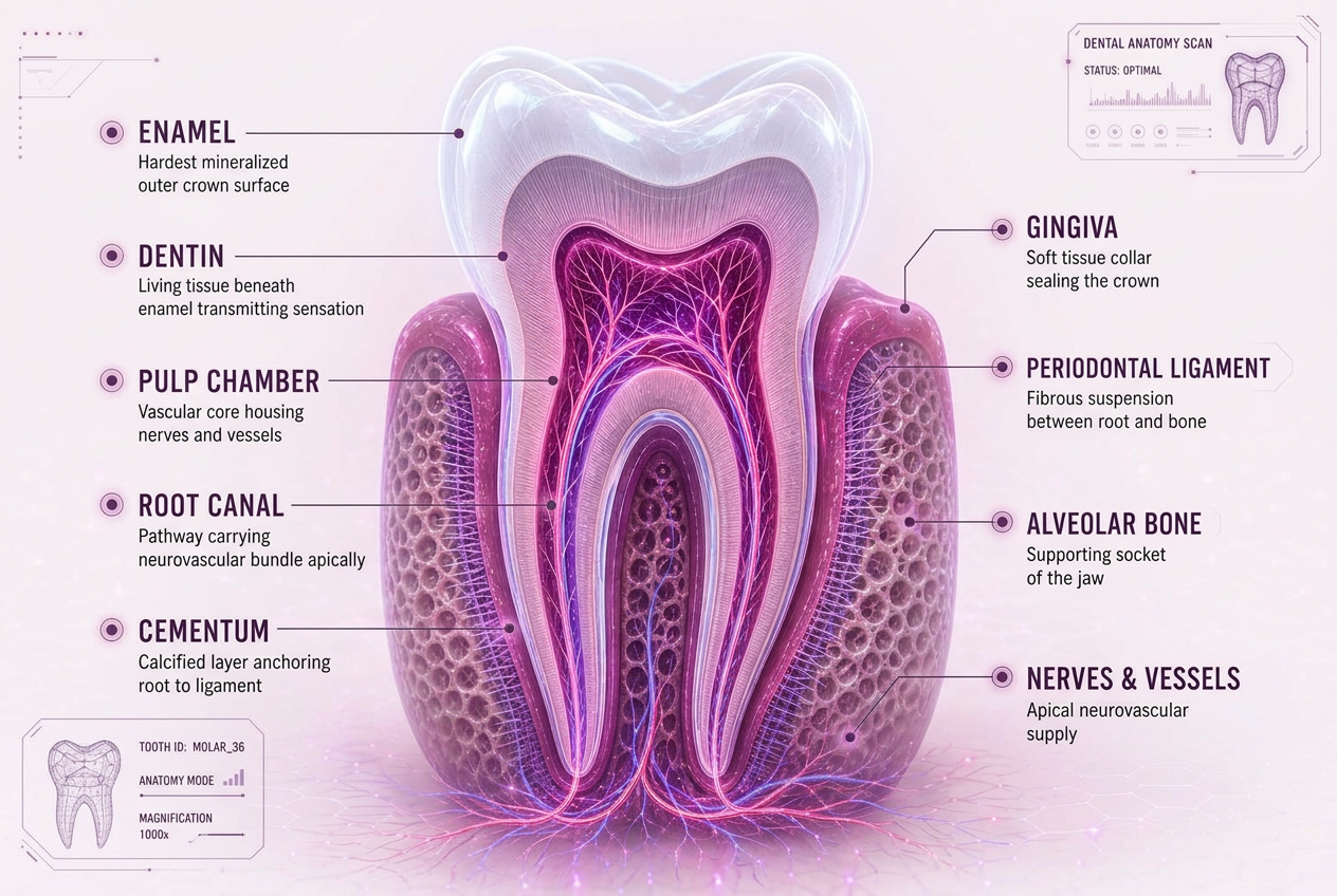 Holographic cross-section of a tooth annotated with enamel, dentin, pulp chamber, root canal, cementum, gingiva, periodontal ligament, alveolar bone, and neurovascular supply